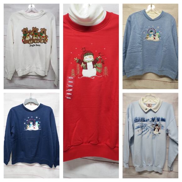 Lot of 5 Size M (one PL) Holiday Sweatshirts Christmas Snowman - Picture 1 of 16
